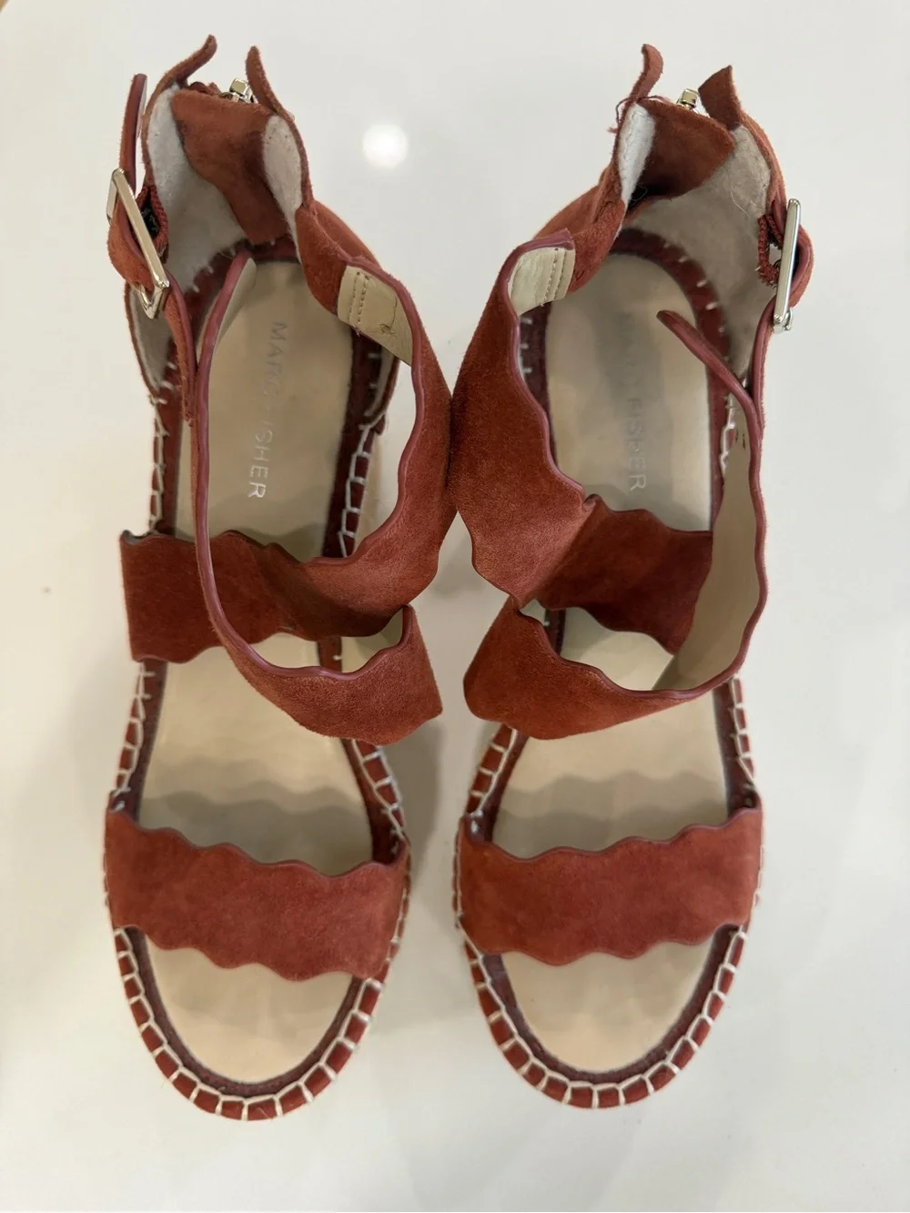 Marc Fisher Rust Suede Scalloped Espadrille Wedges